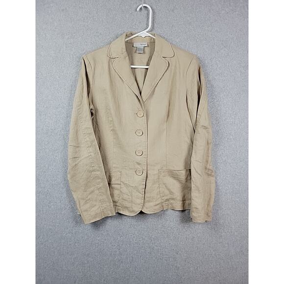Vtg Spiegel 100% Linen Beige LS Button Up Blazer Rear Tie Size 10 Shoulder Pads - Picture 1 of 11